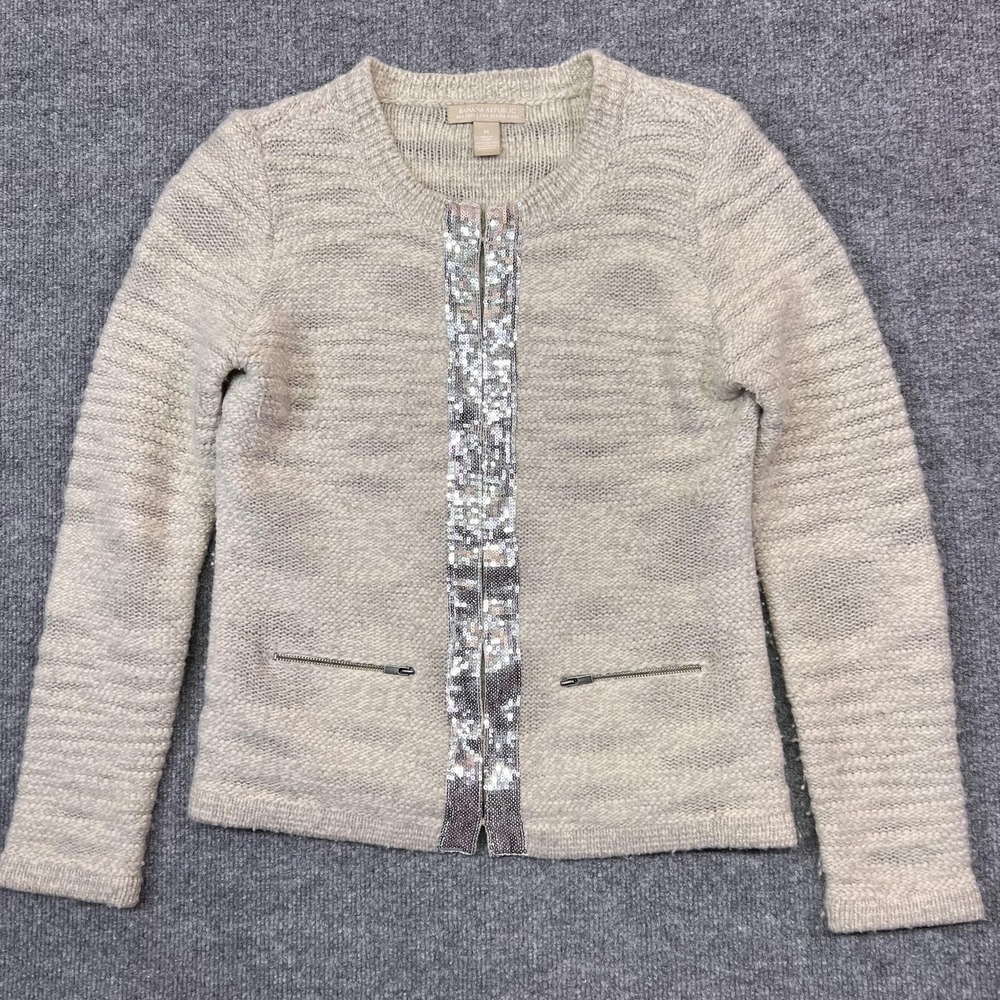 Banana Republic Cardigan Sweater Womens Medium White Merino Wool Sequin Pockets